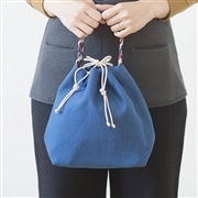 麻　三つ編み巾着バッグ ネイビー