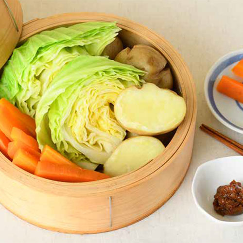 【レシピ】有機野菜のせいろ蒸し にんにく味噌添え