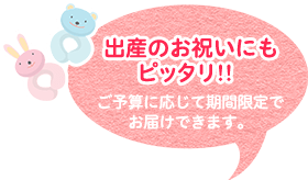 出産のお祝いにもピッタリ!! ご予算の応じて期間限定でお届けできます。